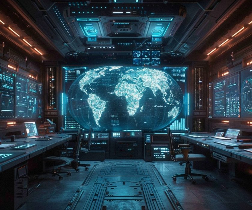 Centro de control futurista con pantallas de inteligencia artificial y un mapa global digital. Representa la infraestructura tecnológica de IA en México.