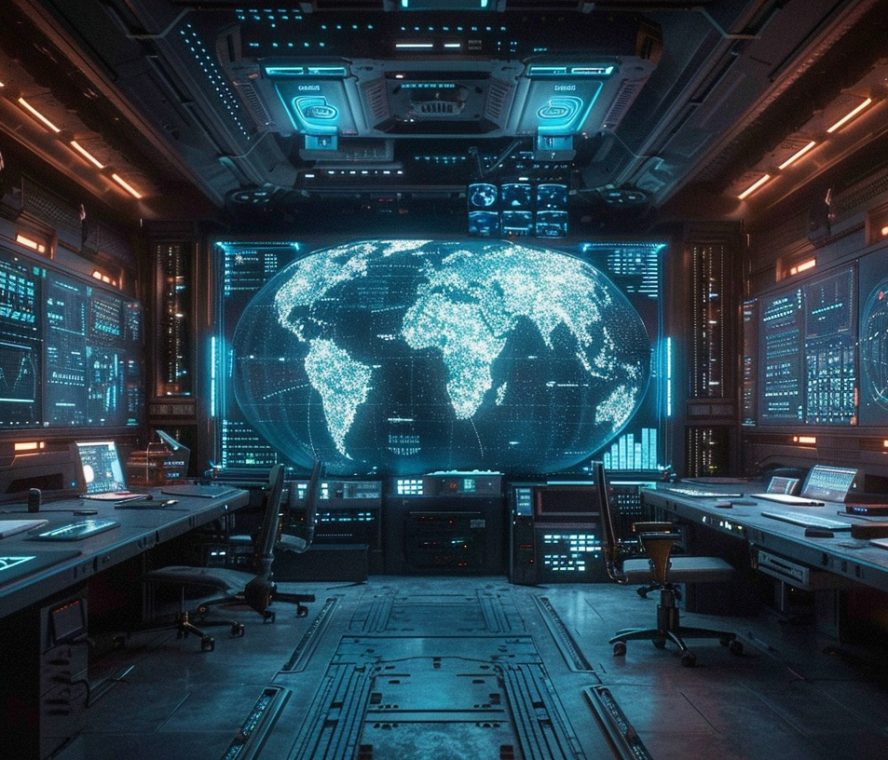 Centro de control futurista con pantallas de inteligencia artificial y un mapa global digital. Representa la infraestructura tecnológica de IA en México.