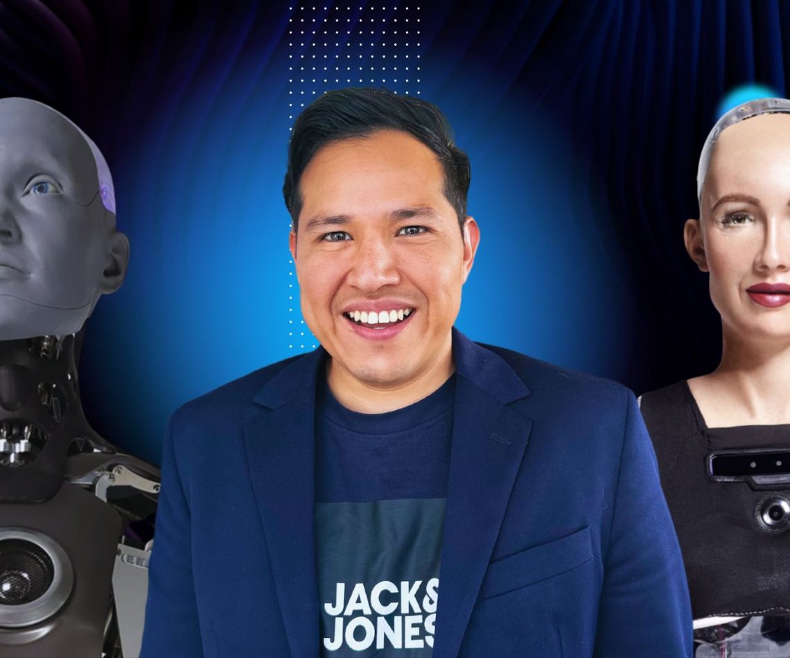Wario Duckerman junto a robots humanoides representando a los Conferencistas de Inteligencia Artificial de México
