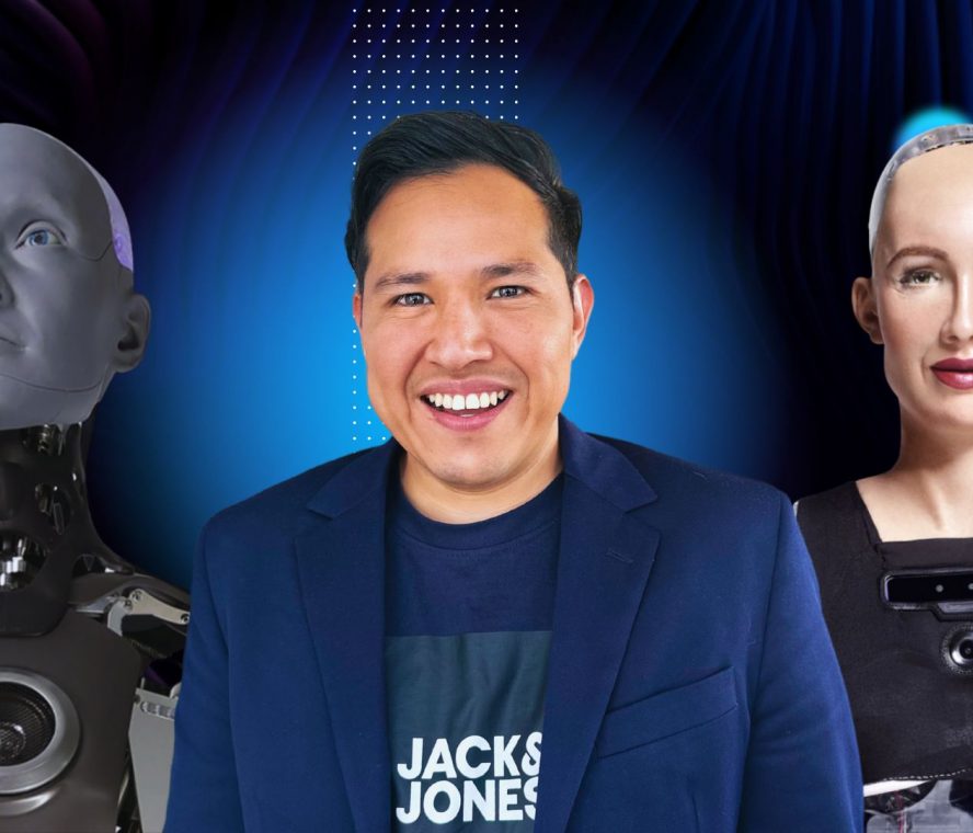 Wario Duckerman junto a robots humanoides representando a los Conferencistas de Inteligencia Artificial de México