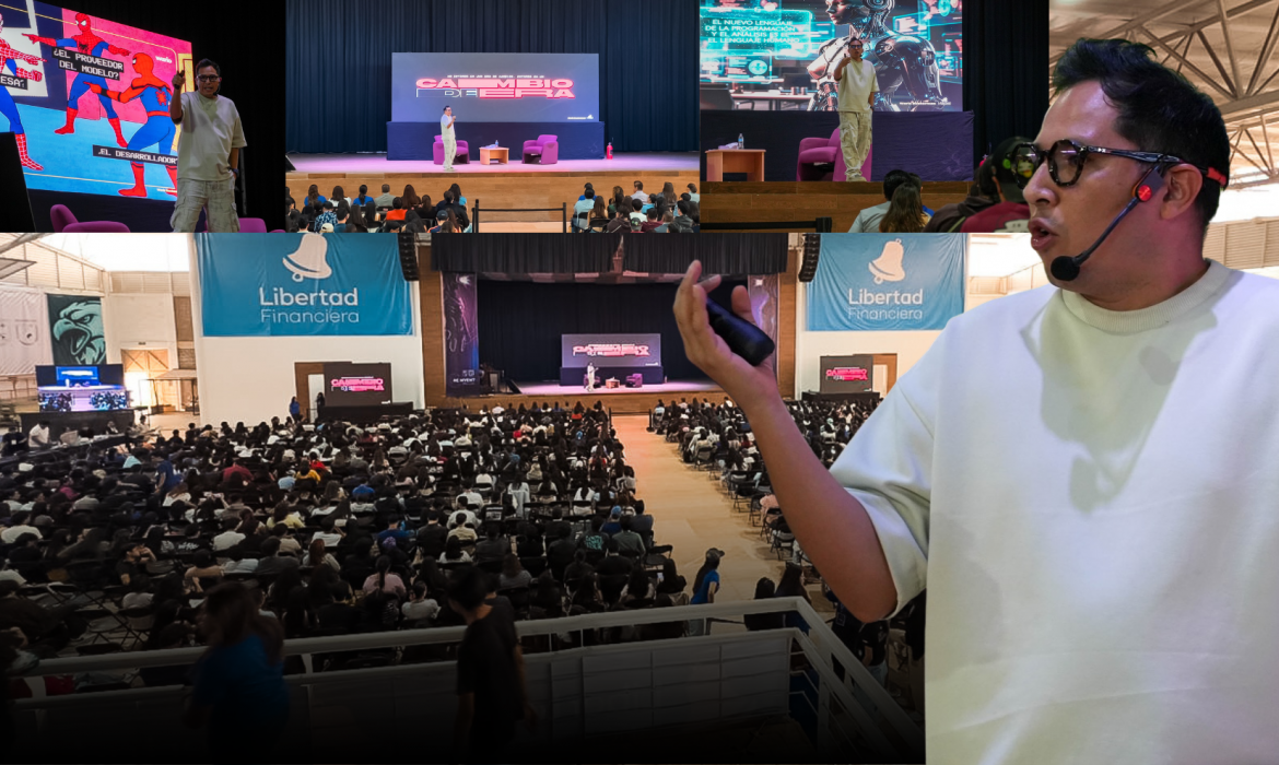 Wario Duckerman, uno de los mejores conferencistas de inteligencia artificial de México y América Latina, impartiendo una conferencia inspiradora sobre IA, finanzas y tecnología en la Universidad Autónoma de Querétaro durante el evento Reinventa FCA 2025 ante más de 1800 alumnos.