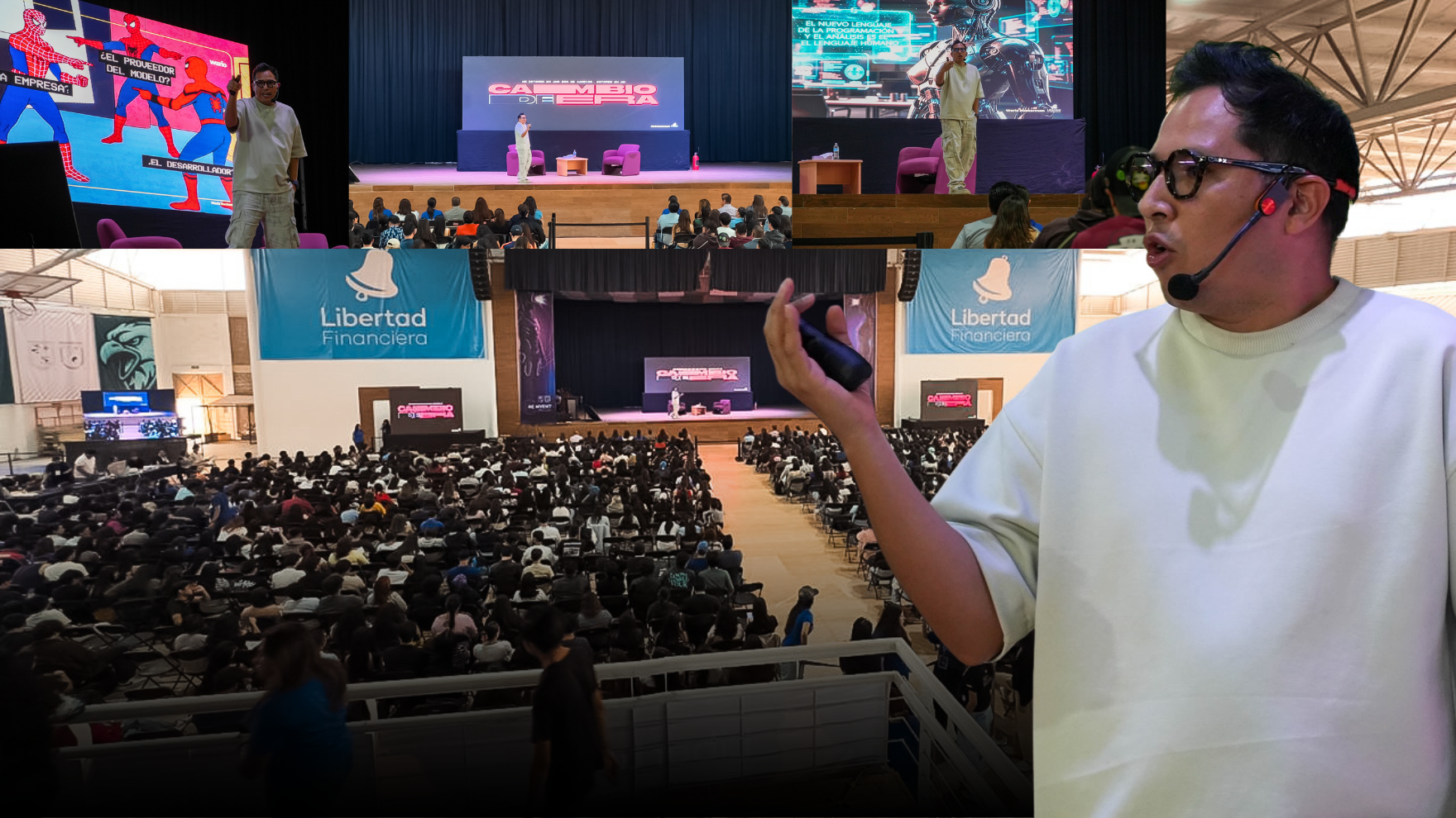 Wario Duckerman, uno de los mejores conferencistas de inteligencia artificial de México y América Latina, impartiendo una conferencia inspiradora sobre IA, finanzas y tecnología en la Universidad Autónoma de Querétaro durante el evento Reinventa FCA 2025 ante más de 1800 alumnos.