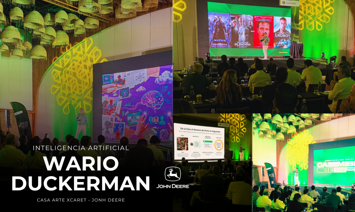Wario Duckerman impartiendo una conferencia de inteligencia artificial en Xcaret, representando a Los Mejores Conferencistas de Inteligencia Artificial de México y América Latina ante líderes empresariales de John Deere.