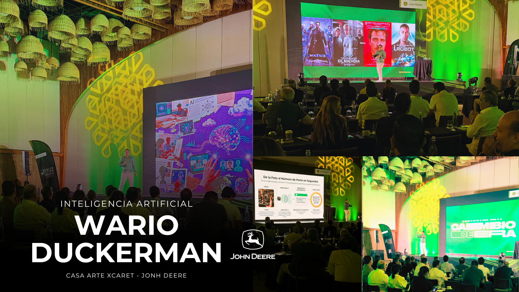 Wario Duckerman impartiendo una conferencia de inteligencia artificial en Xcaret, representando a Los Mejores Conferencistas de Inteligencia Artificial de México y América Latina ante líderes empresariales de John Deere.