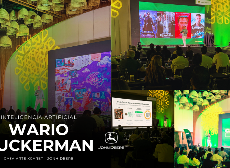 Wario Duckerman impartiendo una conferencia de inteligencia artificial en Xcaret, representando a Los Mejores Conferencistas de Inteligencia Artificial de México y América Latina ante líderes empresariales de John Deere.