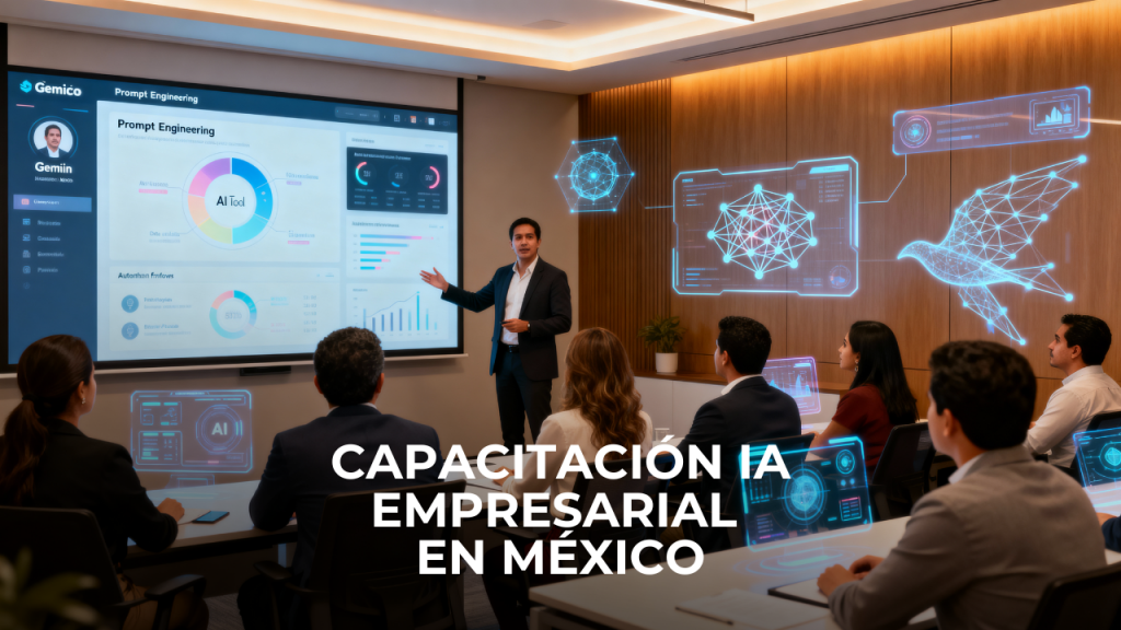 Representación de una Capacitación Empresarial de Inteligencia Artificial de México donde colaboradores aprenden a usar IA generativa, Gemini y técnicas de prompt engineering en un entorno corporativo moderno.