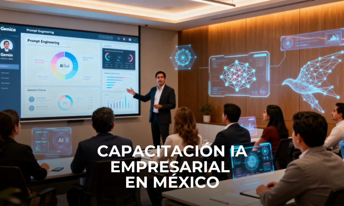 Representación de una Capacitación Empresarial de Inteligencia Artificial de México donde colaboradores aprenden a usar IA generativa, Gemini y técnicas de prompt engineering en un entorno corporativo moderno.