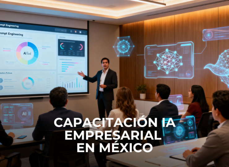 Representación de una Capacitación Empresarial de Inteligencia Artificial de México donde colaboradores aprenden a usar IA generativa, Gemini y técnicas de prompt engineering en un entorno corporativo moderno.