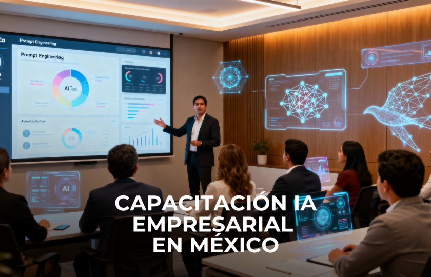 Representación de una Capacitación Empresarial de Inteligencia Artificial de México donde colaboradores aprenden a usar IA generativa, Gemini y técnicas de prompt engineering en un entorno corporativo moderno.