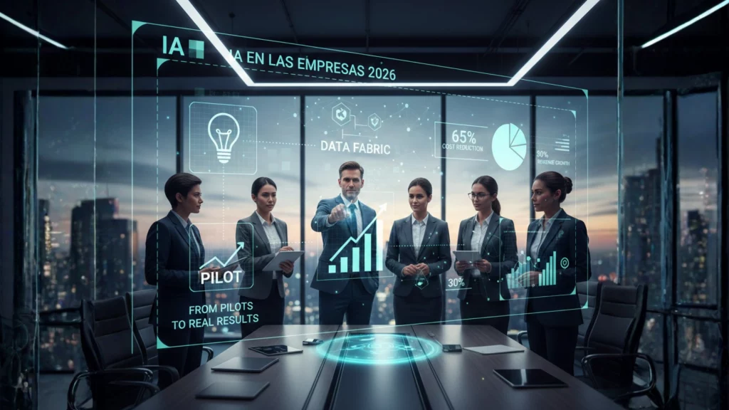 IA en las empresas 2026 - ejecutivos analizando datos de inteligencia artificial en oficina