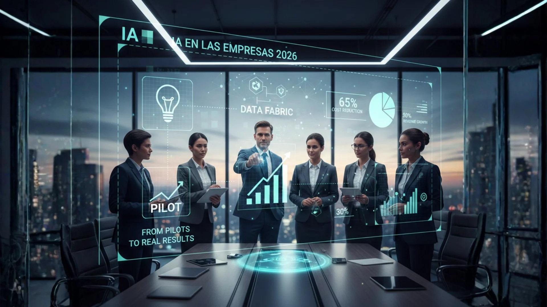 IA en las empresas 2026 - ejecutivos analizando datos de inteligencia artificial en oficina