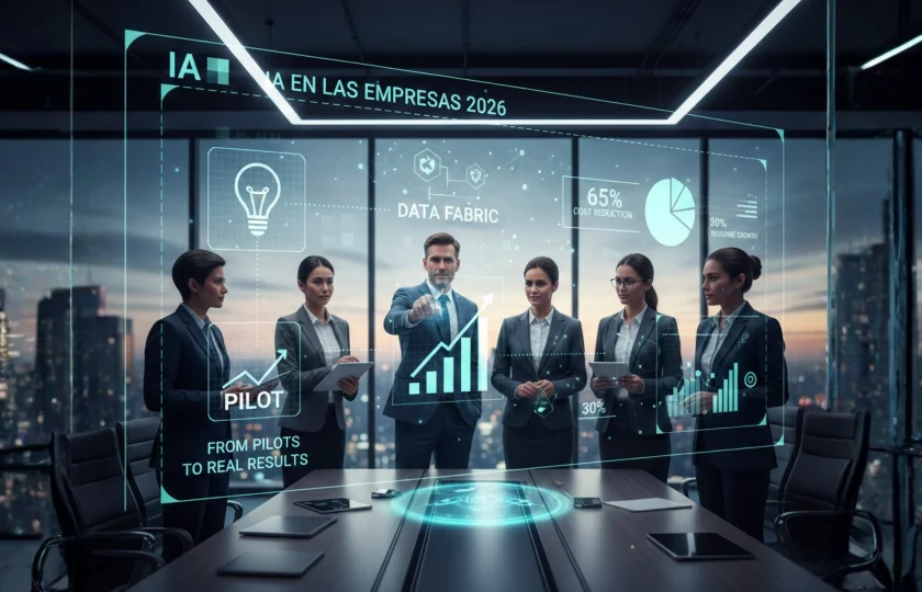 IA en las empresas 2026 - ejecutivos analizando datos de inteligencia artificial en oficina