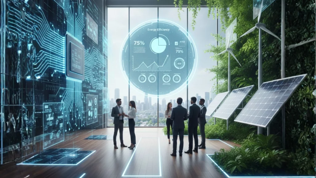 IA y sostenibilidad - servidores verdes y circuitos con plantas - tecnología ecofriendly