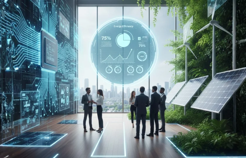 IA y sostenibilidad - servidores verdes y circuitos con plantas - tecnología ecofriendly