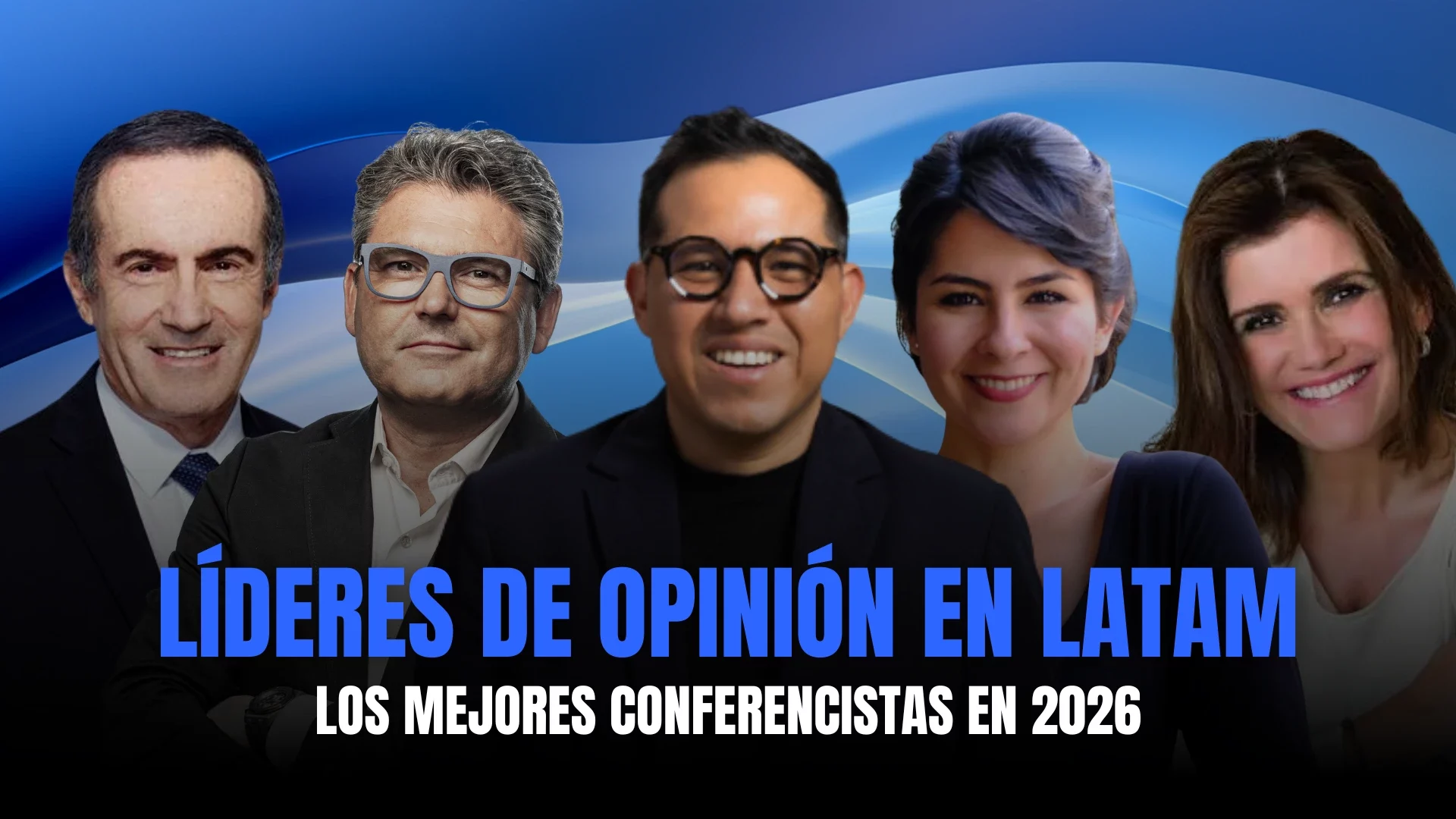 Portada con los 5 mejores conferencistas de Latinoamérica para 2026, incluyendo a Wario Duckerman, Pilar Sordo y Andrés Oppenheimer.