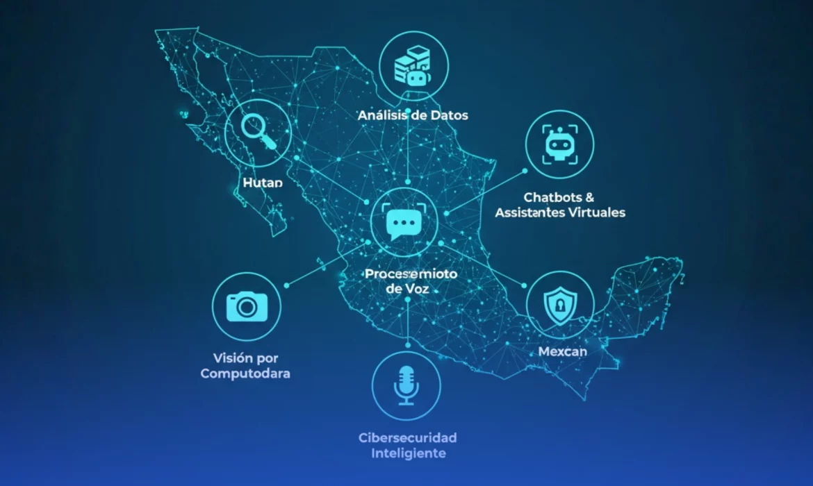 Representación de infraestructura de nube e inteligencia artificial para empresas en México con nodos de datos.