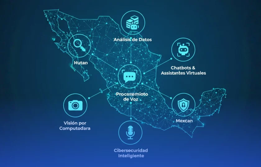Representación de infraestructura de nube e inteligencia artificial para empresas en México con nodos de datos.