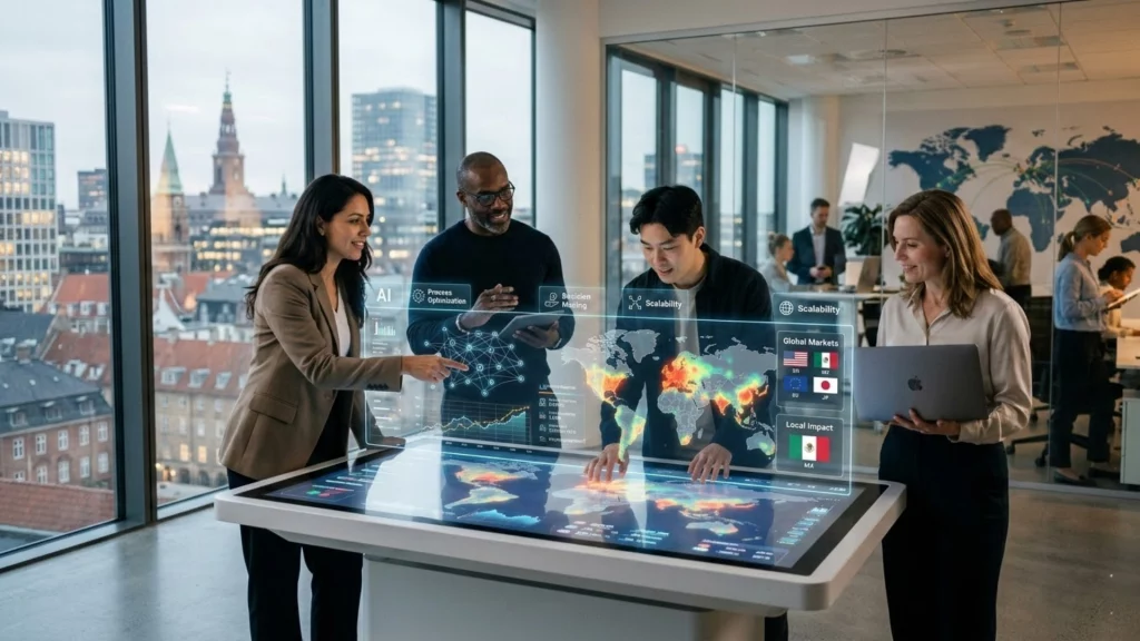 Adopción de inteligencia artificial - entorno de oficina moderna y analítica de datos - transformación digital empresarial