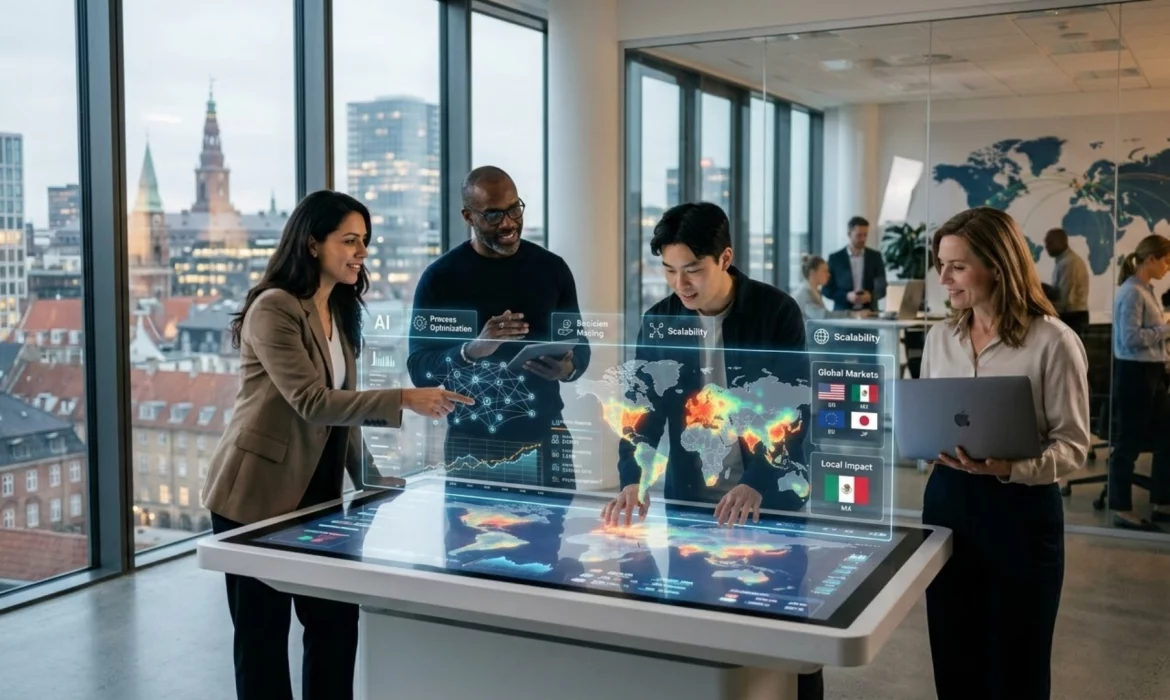 Adopción de inteligencia artificial - entorno de oficina moderna y analítica de datos - transformación digital empresarial