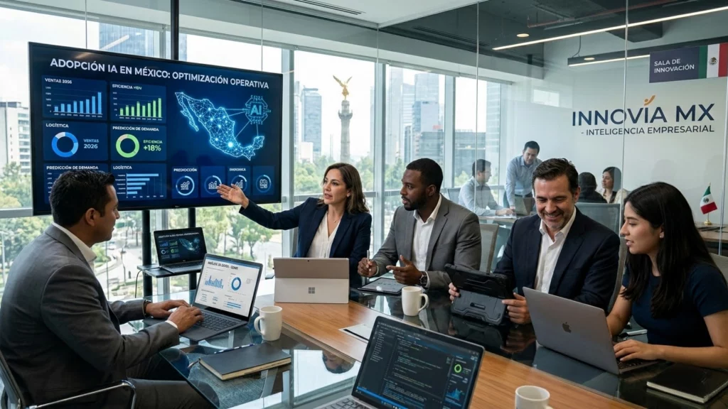 Adopción de inteligencia artificial en México - ejecutivos analizando datos digitales - estrategia empresarial