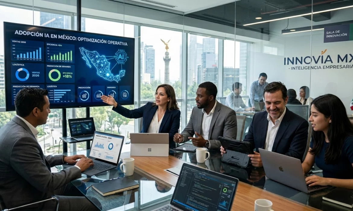 Adopción de inteligencia artificial en México - ejecutivos analizando datos digitales - estrategia empresarial