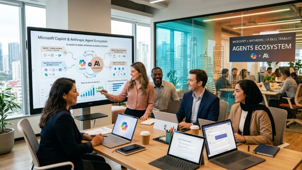 Agentes de IA en el trabajo - interfaz de Microsoft Copilot y Anthropic - colaboración digital