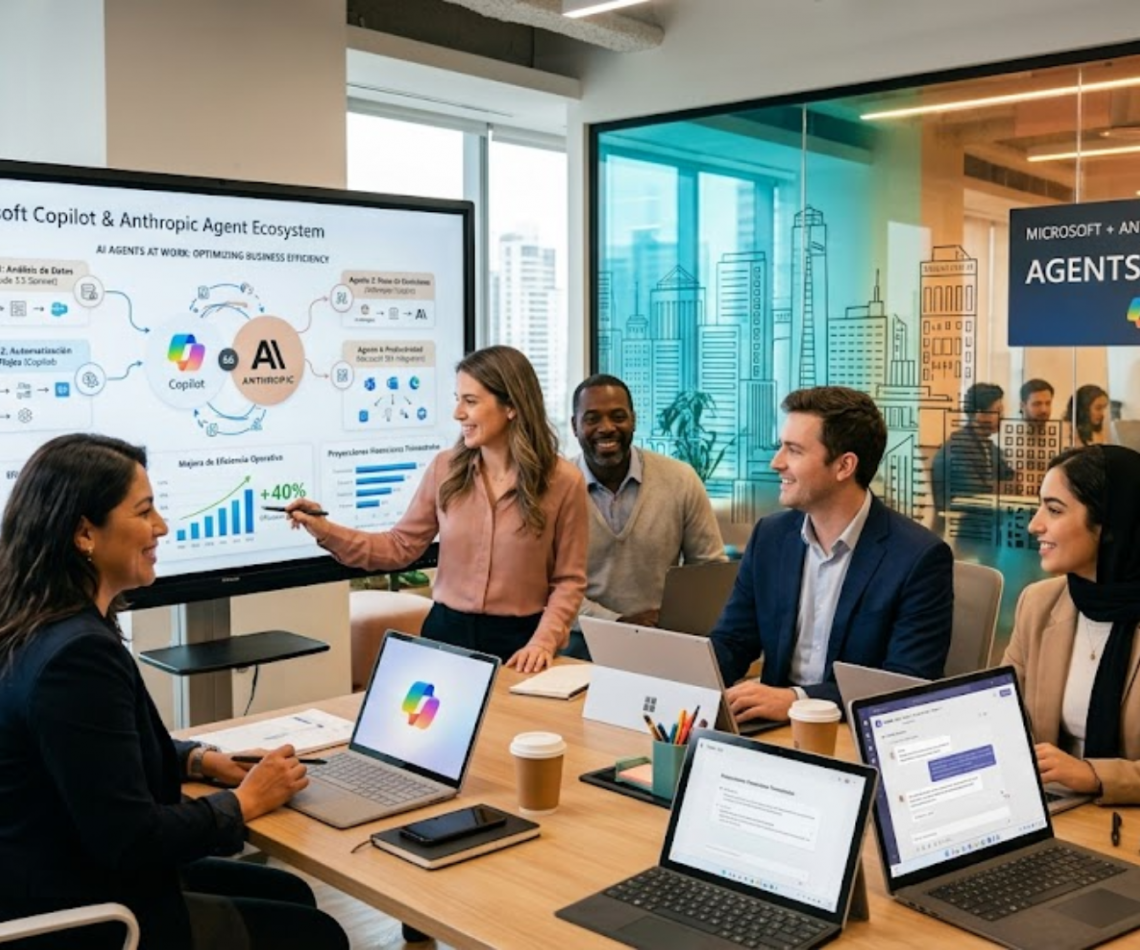 Agentes de IA en el trabajo - interfaz de Microsoft Copilot y Anthropic - colaboración digital