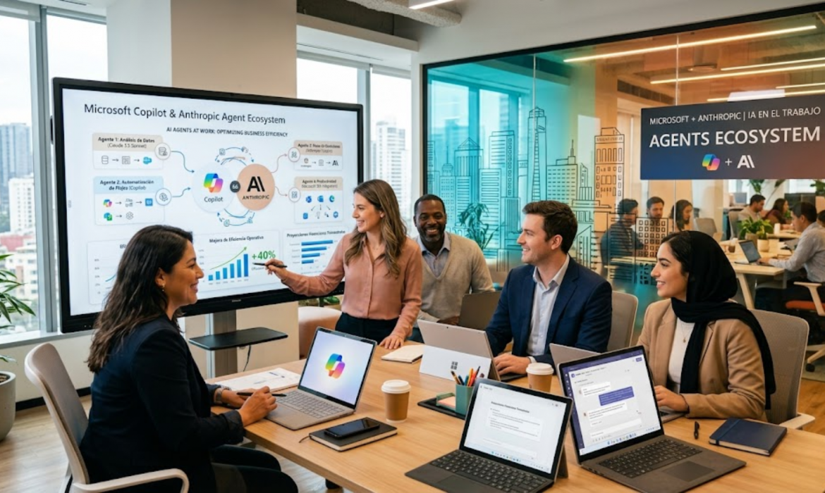 Agentes de IA en el trabajo - interfaz de Microsoft Copilot y Anthropic - colaboración digital