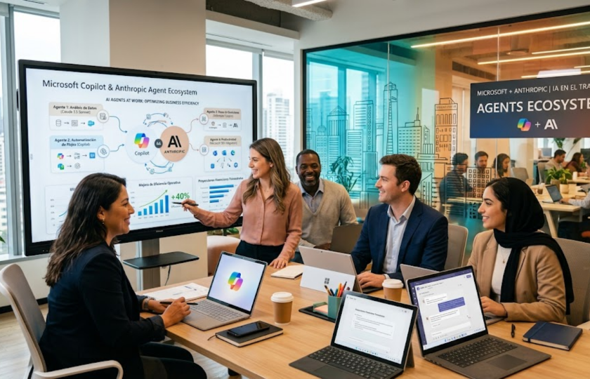 Agentes de IA en el trabajo - interfaz de Microsoft Copilot y Anthropic - colaboración digital