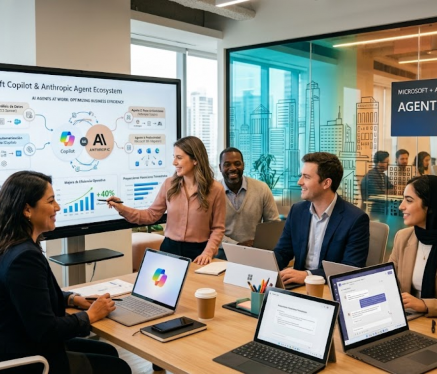 Agentes de IA en el trabajo - interfaz de Microsoft Copilot y Anthropic - colaboración digital