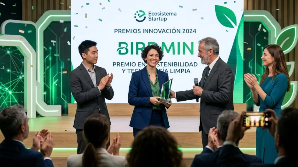 Equipo de BirdMind recibiendo premio por innovación en sostenibilidad y tecnología limpia