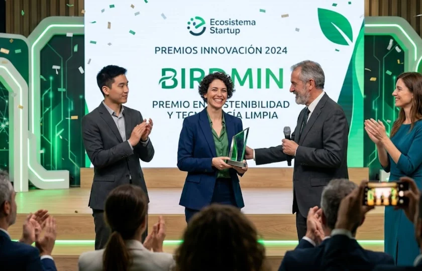 Equipo de BirdMind recibiendo premio por innovación en sostenibilidad y tecnología limpia