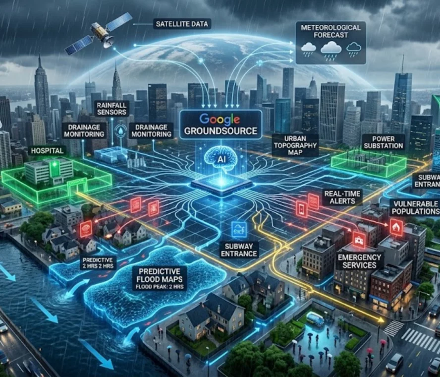 Google Groundsource - mapa satelital y análisis de IA - prevención de inundaciones urbanas