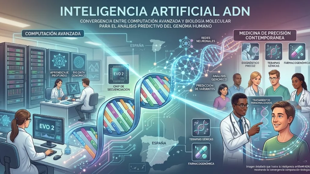 Inteligencia artificial ADN - representación de red neuronal analizando secuencias genómicas complejas.