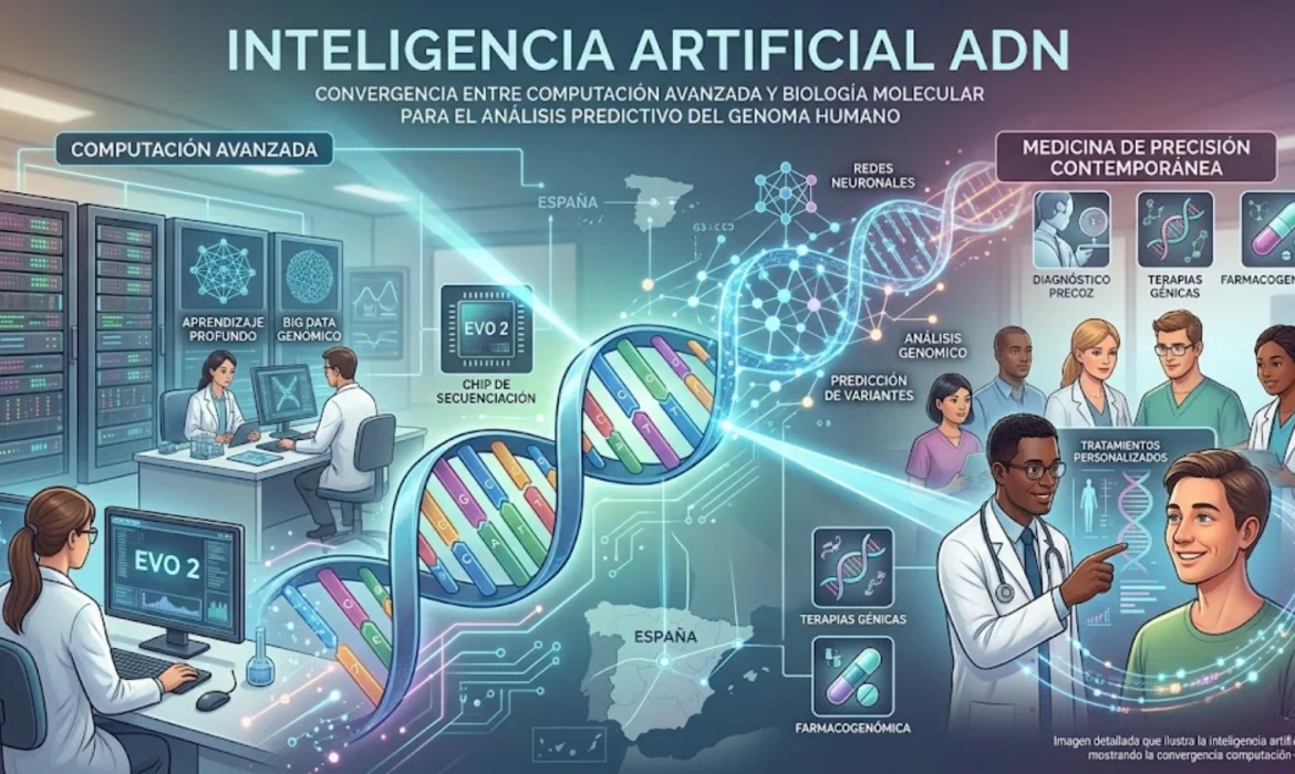 Inteligencia artificial ADN - representación de red neuronal analizando secuencias genómicas complejas.