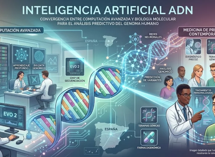 Inteligencia artificial ADN - representación de red neuronal analizando secuencias genómicas complejas.