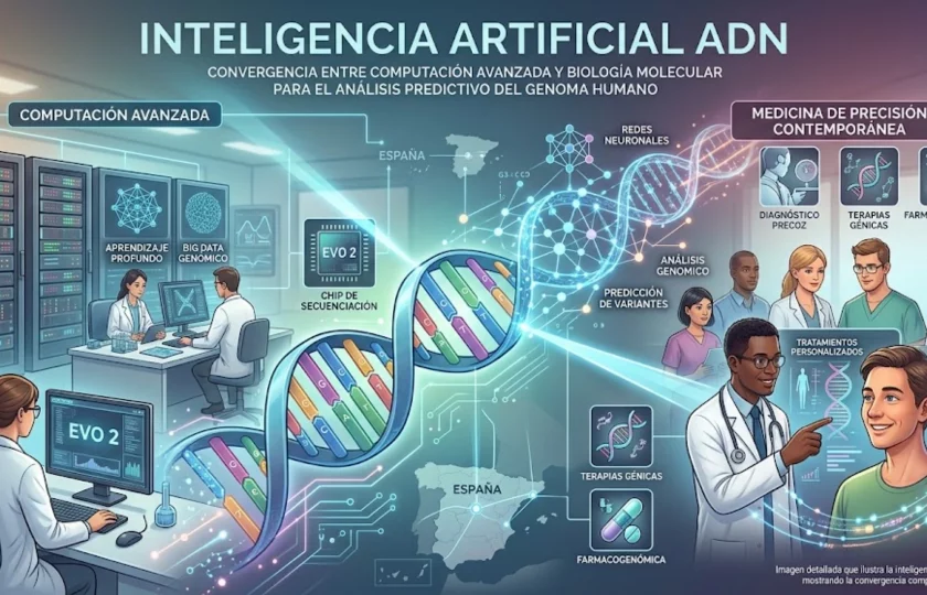 Inteligencia artificial ADN - representación de red neuronal analizando secuencias genómicas complejas.
