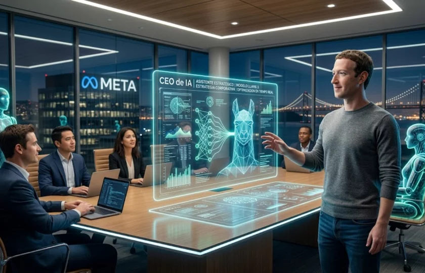 Mark Zuckerberg presentando el concepto de CEO de IA para la gestión de Meta.
