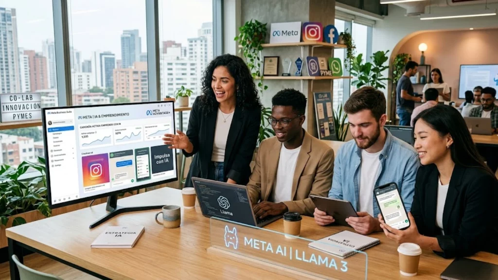 Emprendedores utilizando herramientas de Meta e Inteligencia Artificial para potenciar sus negocios.