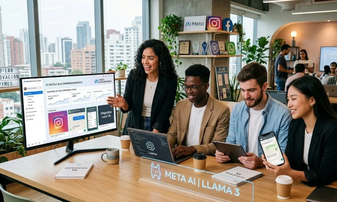 Emprendedores utilizando herramientas de Meta e Inteligencia Artificial para potenciar sus negocios.
