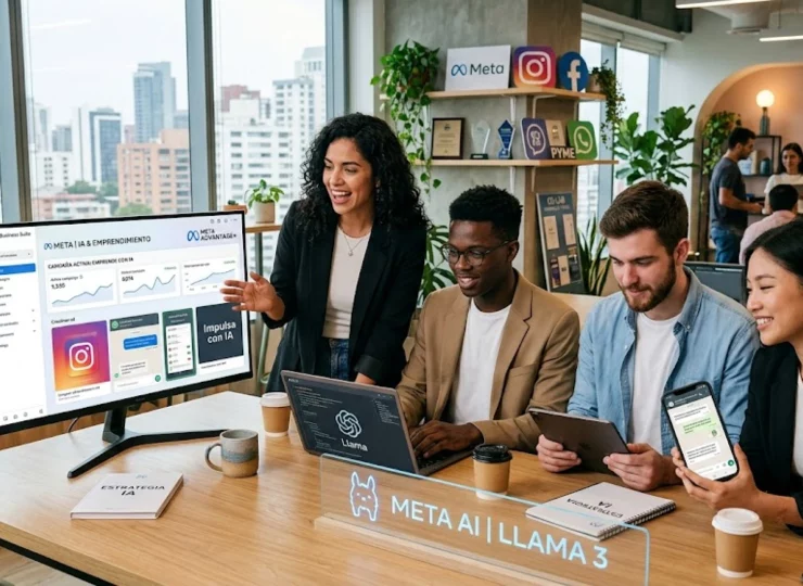 Emprendedores utilizando herramientas de Meta e Inteligencia Artificial para potenciar sus negocios.