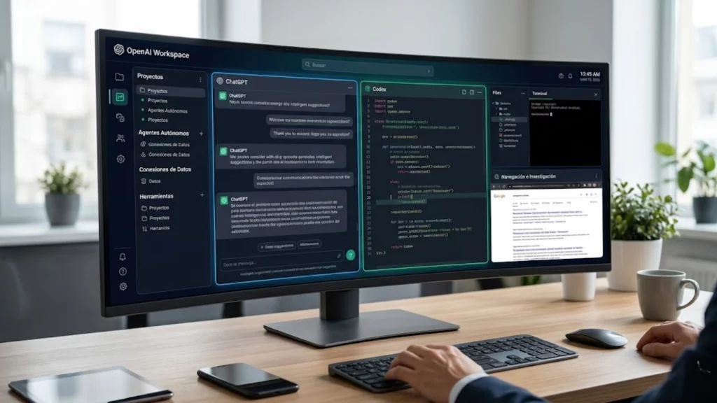 Interfaz conceptual de la nueva Superapp de escritorio de OpenAI unificando servicios.