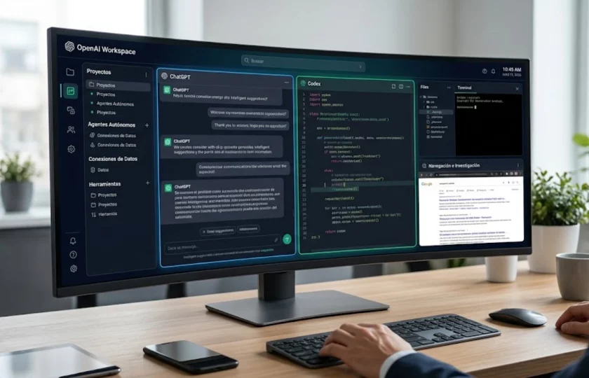 Interfaz conceptual de la nueva Superapp de escritorio de OpenAI unificando servicios.