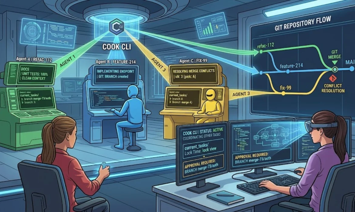 Interfaz de línea de comandos mostrando la orquestación paralela de agentes de inteligencia artificial con Cook CLI y Claude Code.