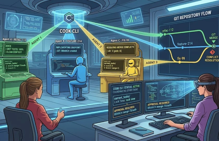 Interfaz de línea de comandos mostrando la orquestación paralela de agentes de inteligencia artificial con Cook CLI y Claude Code.