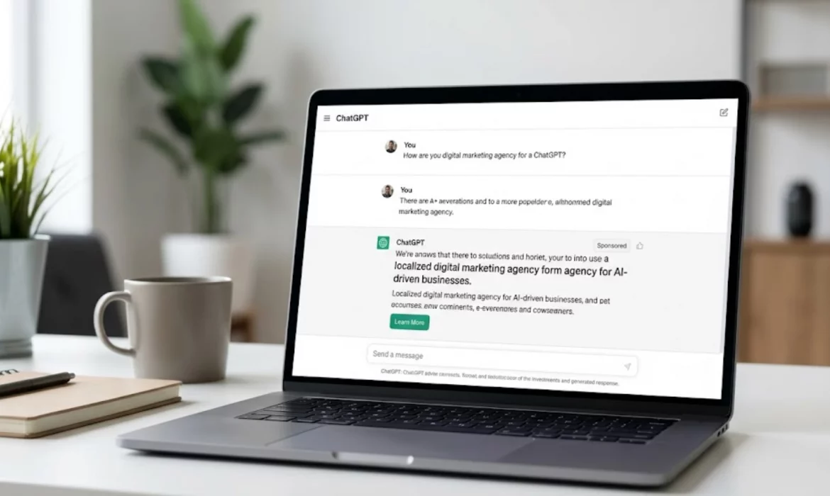 Interfaz de ChatGPT con una sección de contenido patrocinado bajo una respuesta de IA.