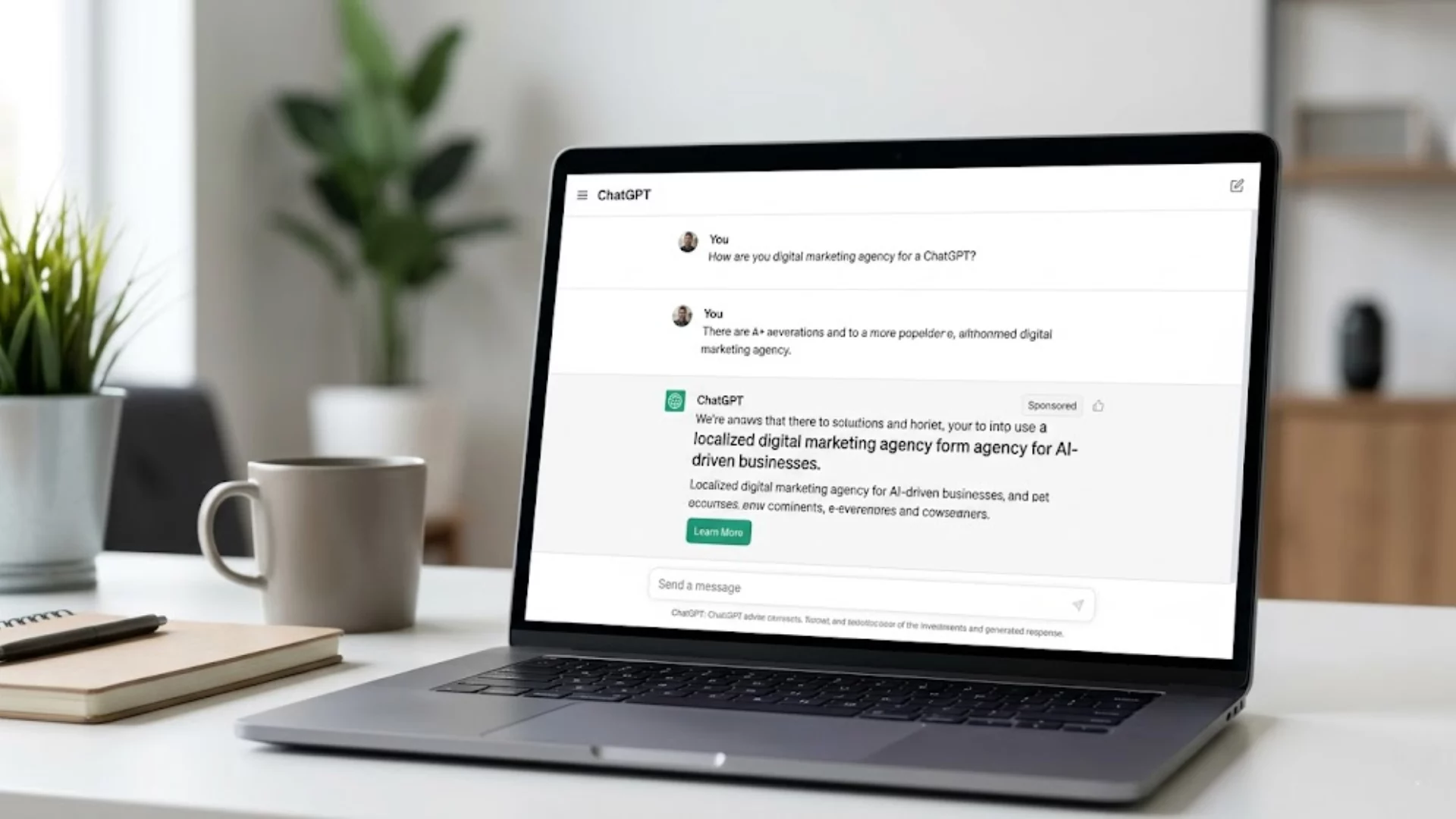 Interfaz de ChatGPT con una sección de contenido patrocinado bajo una respuesta de IA.