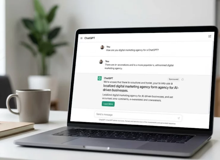 Interfaz de ChatGPT con una sección de contenido patrocinado bajo una respuesta de IA.