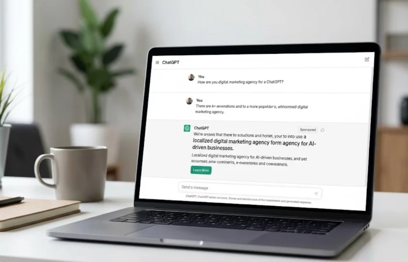 Interfaz de ChatGPT con una sección de contenido patrocinado bajo una respuesta de IA.