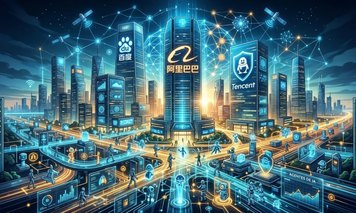 Representación tecnológica de los gigantes Baidu, Alibaba y Tencent liderando el desarrollo de agentes de IA.
